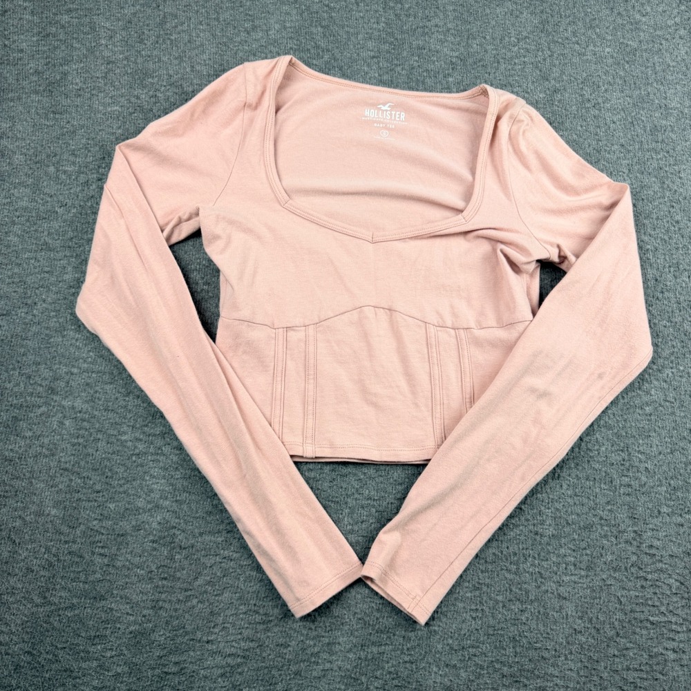 Hollister Women's S Small Must-Have Baby Tee‎ Pink Corset Seam Long Sleeve Top